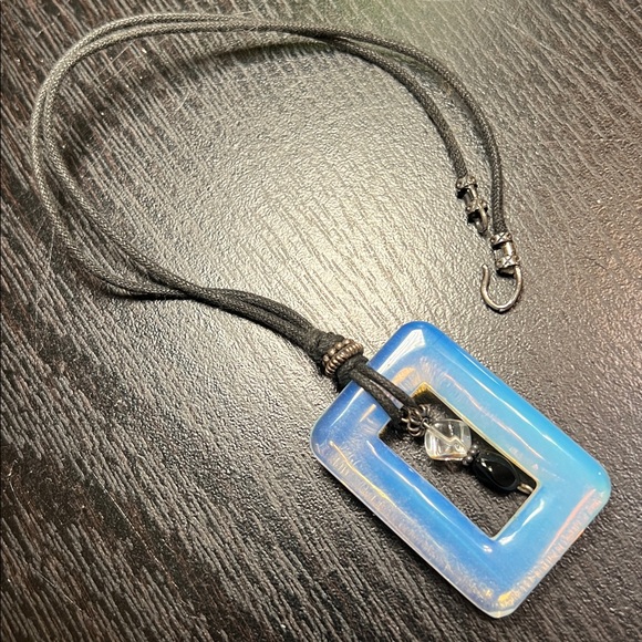 Vintage Jewelry - VTG Artisan Opalescent Opaline Art Glass Black Cord Sterling Silver Necklace